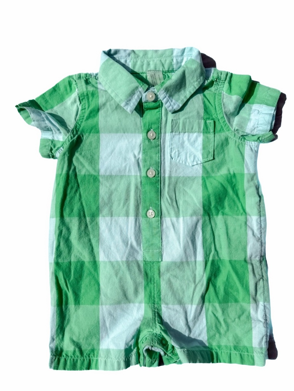 Primary Green White Gingham Button-Front Baby One-Piece Romper Jon Jon Newborn